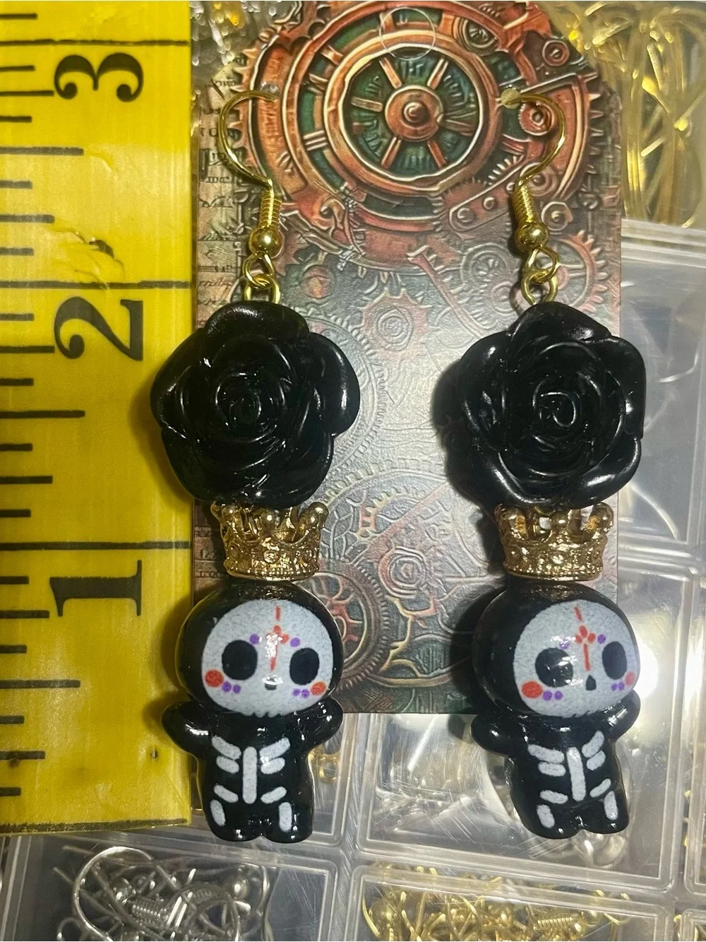 Hand Crafted Black Rose Skeleton Earrings